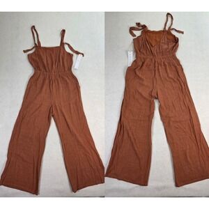 Lumiere Women Large Jumpsuit Rust Brown New Linen Blend Wide Leg NP41206